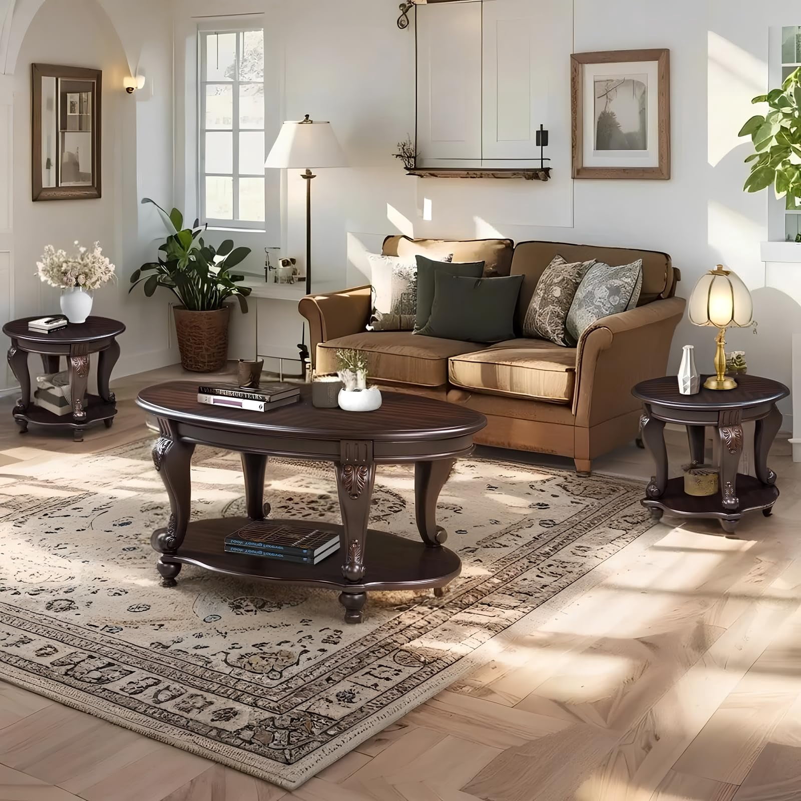 3-Piece Vintage Oval Coffee Table Set - Espresso Wood Table with Carved Legs for Living Room & Office