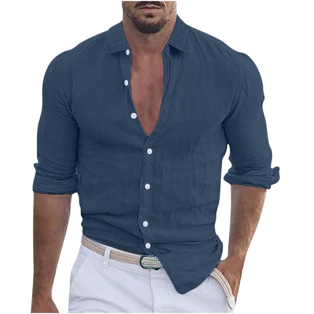 YanHoo Mens Linen Shirts Long Sleeve Button Down for Beach Wedding Summer Solid Casual Basic Button Up Shirts