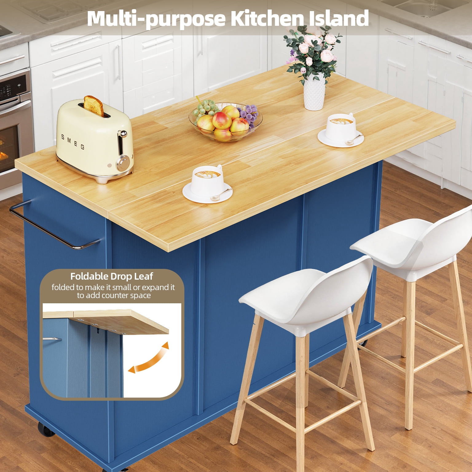 Walsunny Kitchen Islands Carts with Drop Leaf Table 1 Drawer 5 Wheels 2 Magnetic Doors Rolling Storage Cabinet Blue