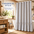 thumbnail image 3 of Blue Striped Farmhouse Shower Curtain with Ruffle Hem, 72 x 72 Inch Linen Textured Rustic Shower Curtain for Bathroom, Vintage Country Cottage Style, Blue and Cream, 3 of 6