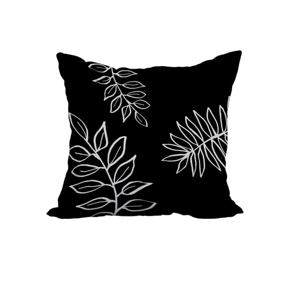 22 x 22 Inch Black Floral Print Decorative Polyester Throw Pillow with a Linen Texture
