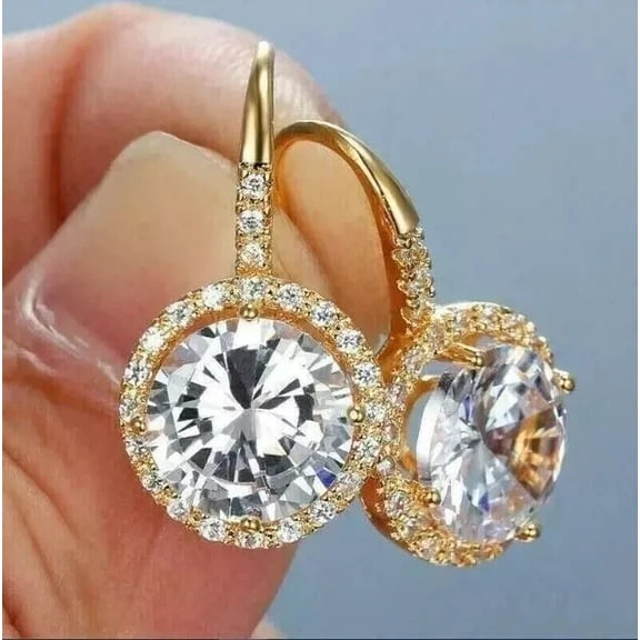 Halo Style Hook Drop & Dangle Earrings 14K Yellow Gold Plated 925 Silver 3Ct Round Cut Lab Created VVS1/D Diamond