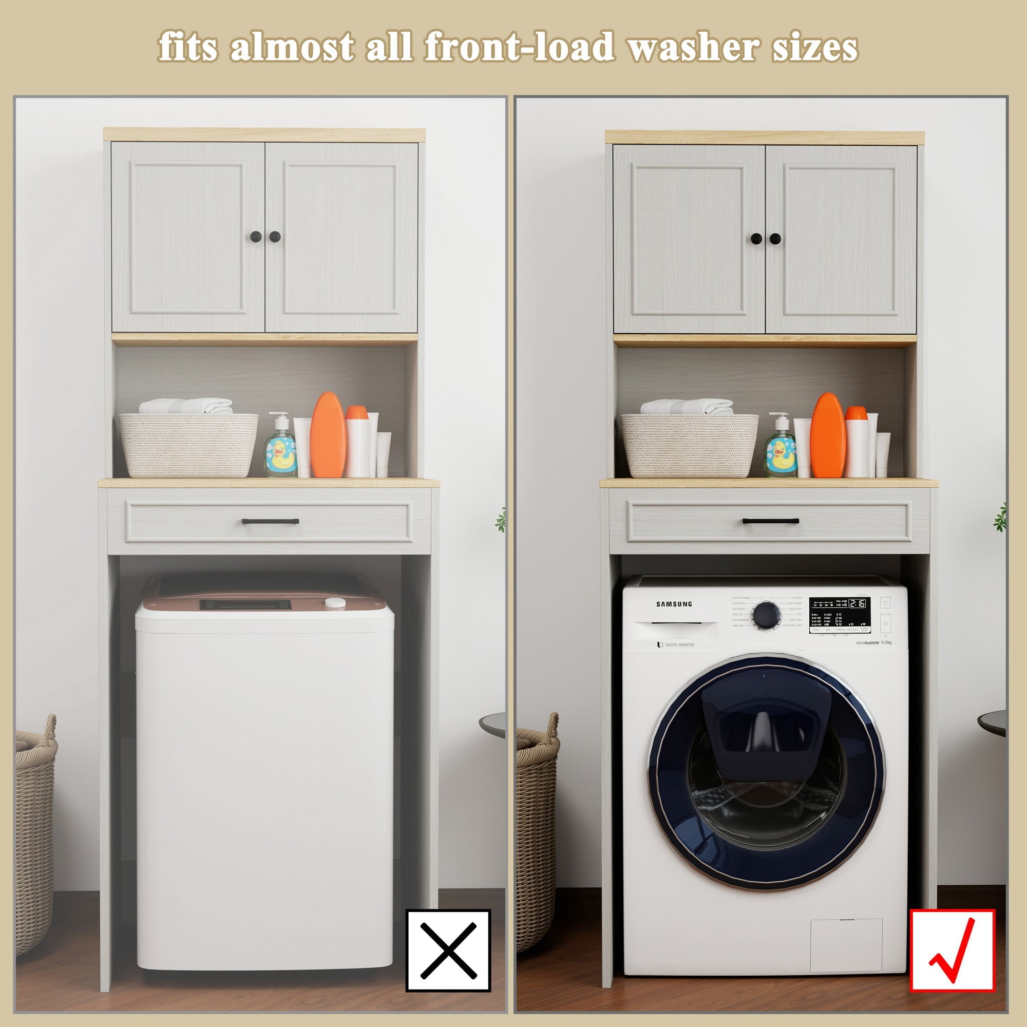 AENKYO Over-The-Washer Cabinet, Laundry Storage with Adjustable Shelf, Organizer for Compact Washers, Antique White