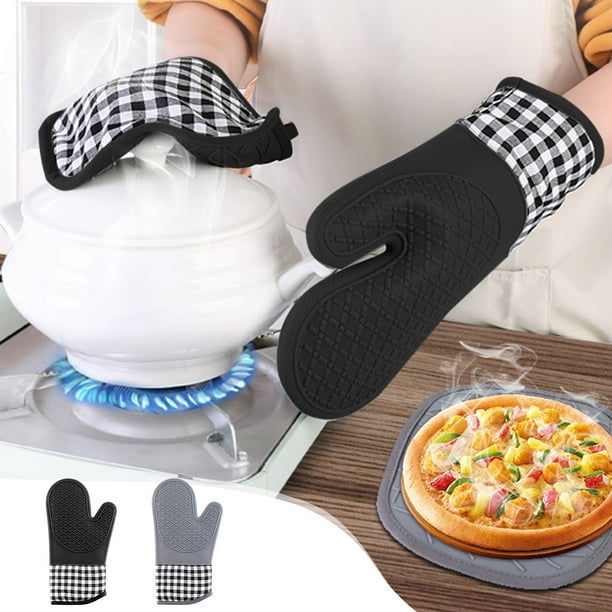 Juego de guantes de horno de silicona y almohadillas resistentes al calor | Guantes de horno grises antideslizantes 30x19cm | Forro duradero de algodón sarga | Aislamiento de cocina seguro para