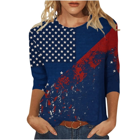 Women's 3/4 Sleeve American Flag Print T-Shirt Casual Round Neck Patriotic Shirt Top for Independence Day