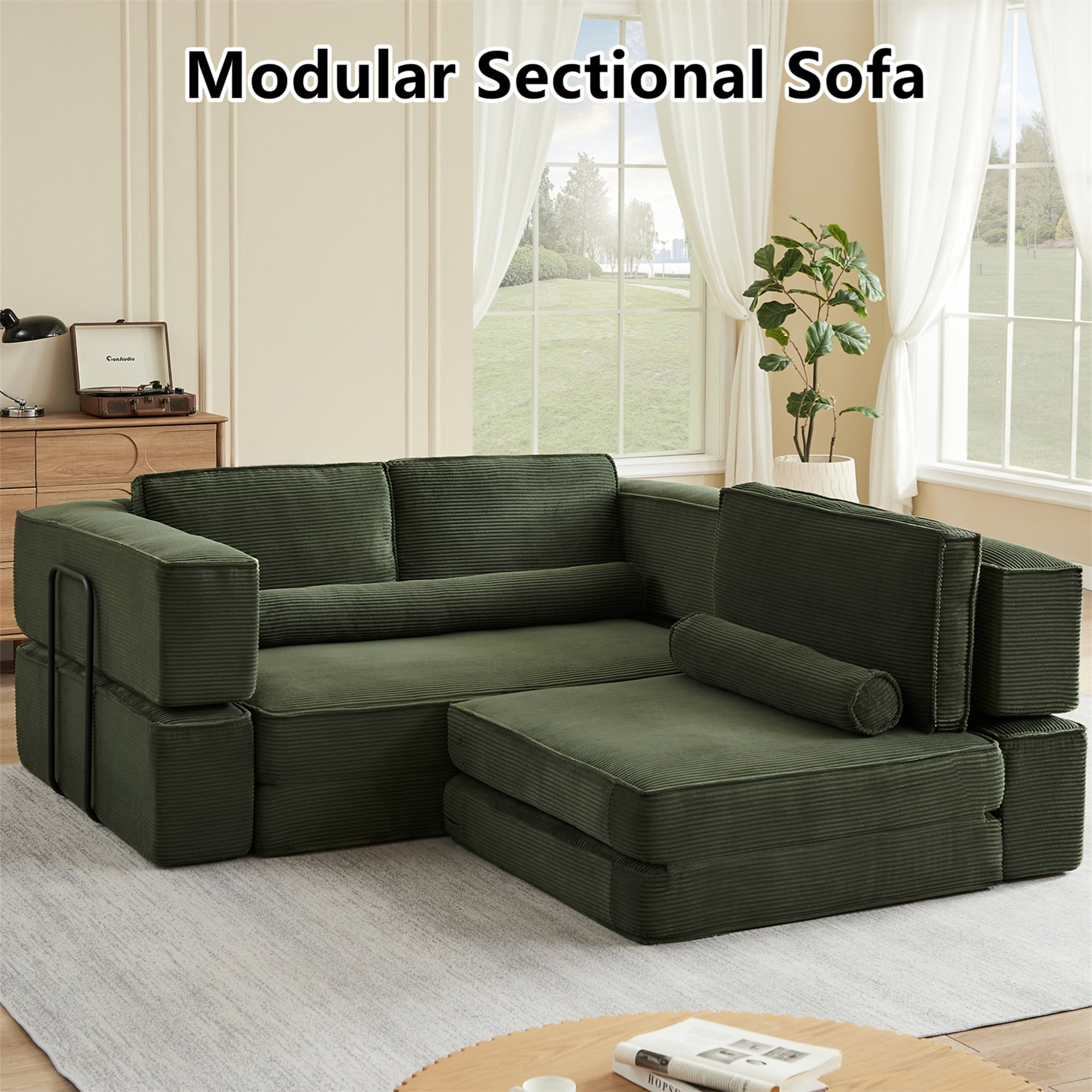 Aukfa 109" Oversized Convertible Sofa Bed Futon with Fixed Frame, Folding Pull Out Modular Boneless Sofa for Living Room, Corduroy, Green