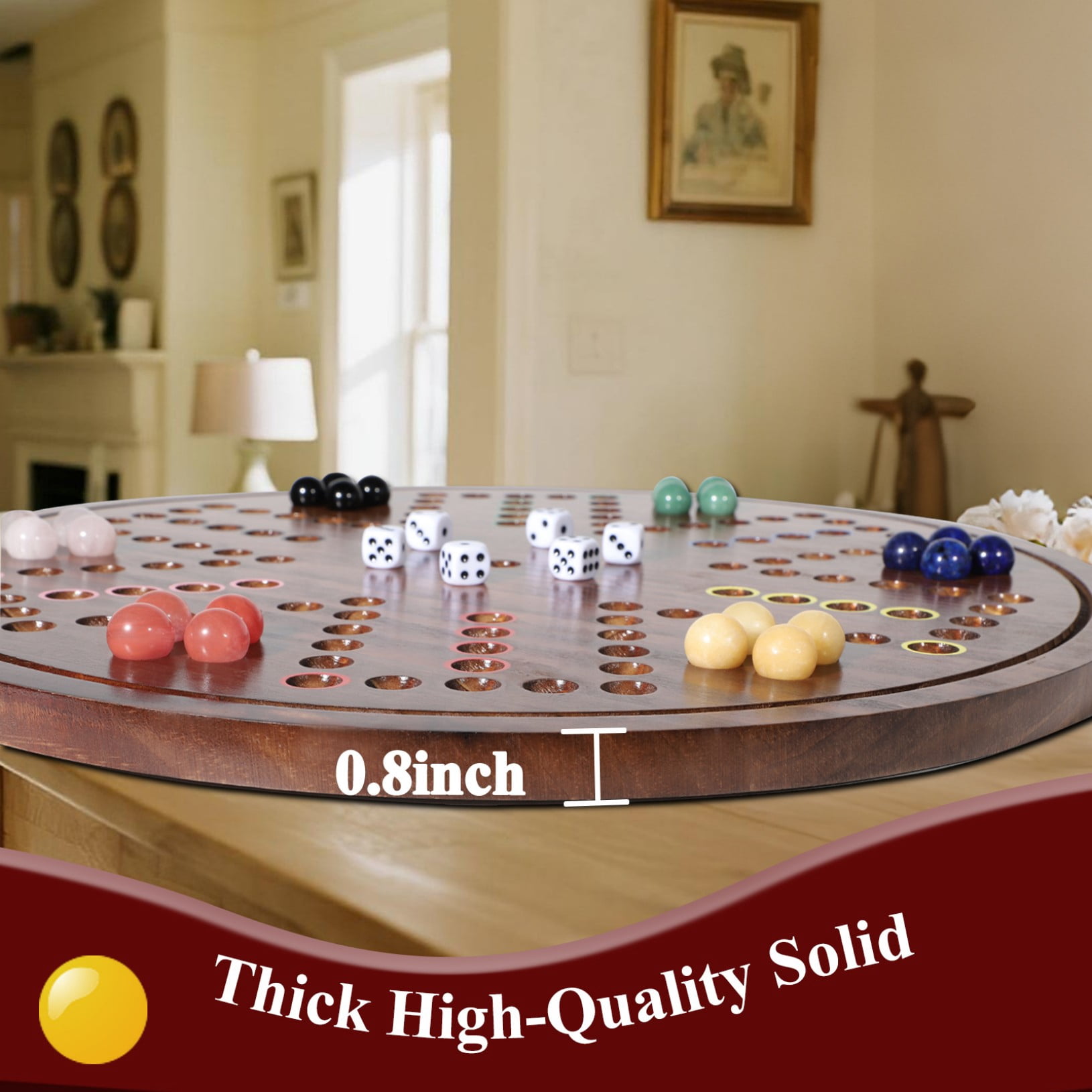 Grhonio20 in Large Original Marble Game 24 Natural Marbles Wahoo Board Game Double Sided Painted Wooden Fast Track Board Game for 6 and 4Players 6Colors 24 Marbles 6 Dice for Family Friends and Party