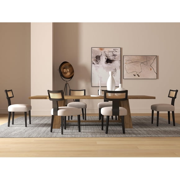 Juego de 6 Sillas de Comedor RIVOVA de Ratán con Tapizado en Lino Beige