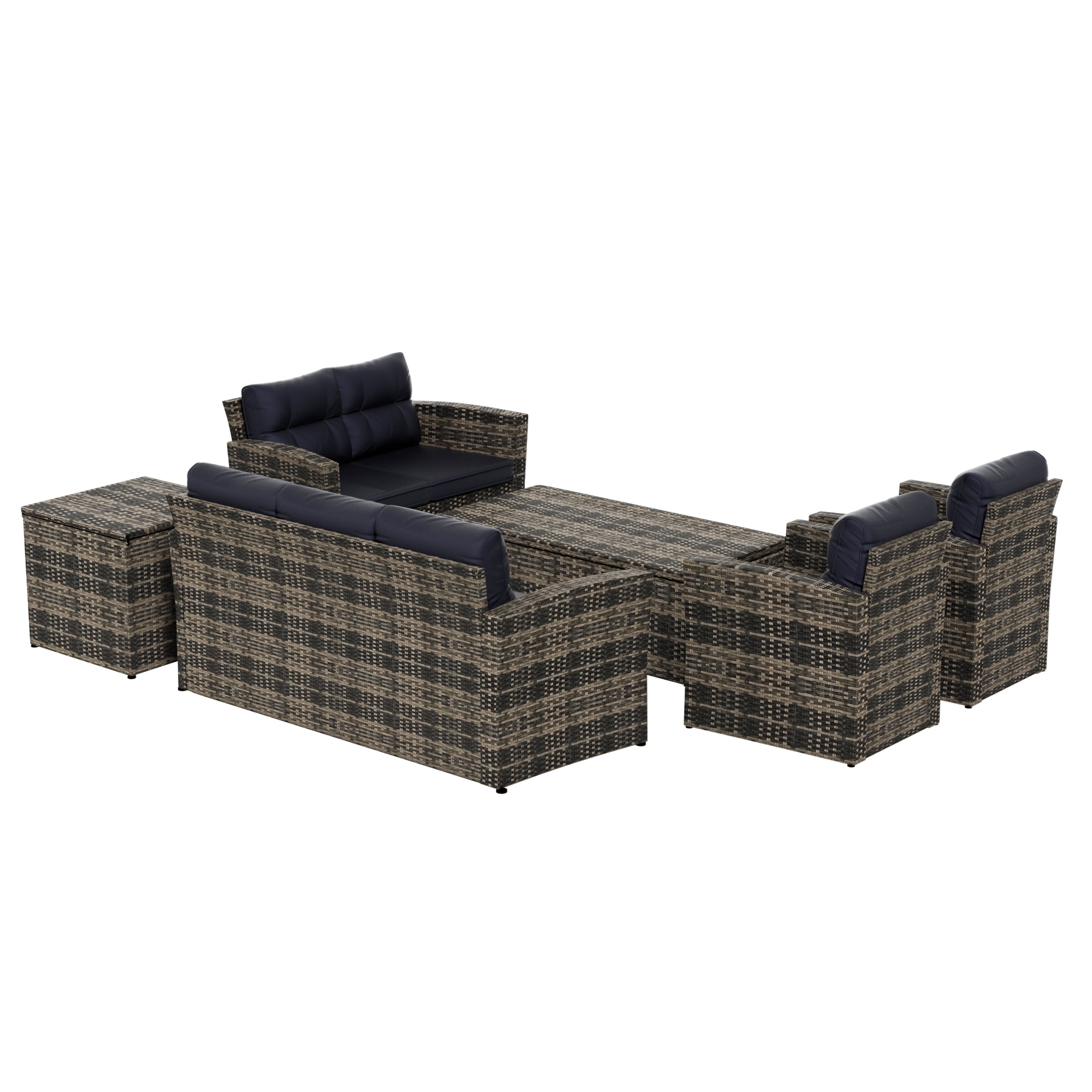 Westin Outdoor 6-Pieces Sofa Conversation Set PE Rattan Wicker Furniture, Brown/Navy Blue