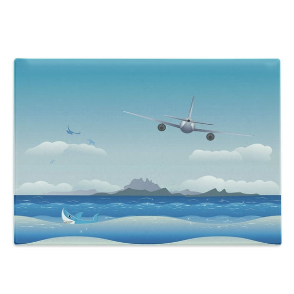 Airport Cutting Board, Cartoon Seascape Composition Plane Flies over Ocean with Shark, Decorative Tempered Glass Cutting and Serving Board, in 3 Sizes, by Ambesonne