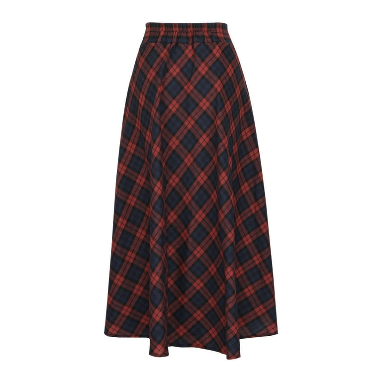 qolati Women's Plaid Maxi Skirt Casual Wool Blends A-Line Pleated