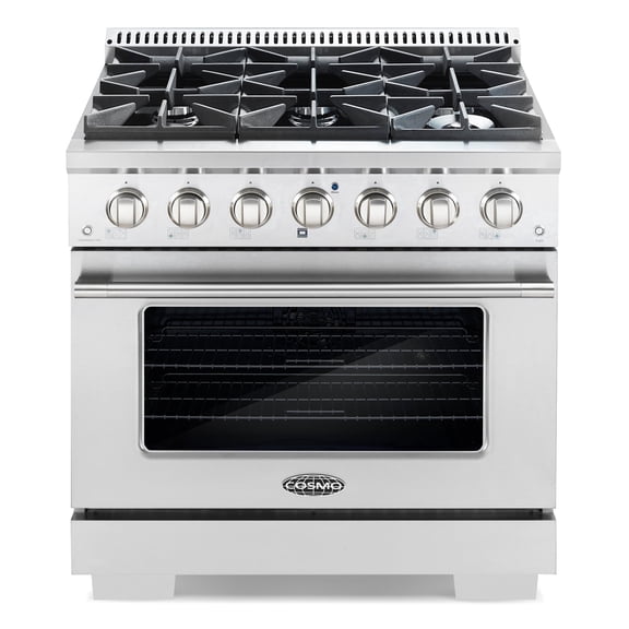 Cosmo 36 in. Vista Collection 5.4 cu. ft. Gas Range, 6 Burners, Convection Oven, LED Light Panel in Modern Stainless Steel