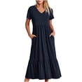 thumbnail image 2 of SuoKom Robe Maxi d'Été Robe d'Été pour Femme Décontractée à Manches Courtes Robe à Col en V Décontractée Fluide à Volants Robe Maxi de Plage avec Poches Robes Maxi pour Femmes en Liquidation, 2 of 7