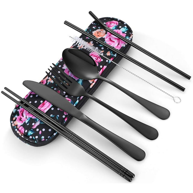 Travel Utensils,Reusable Silverware Set To Go Portable Cutlery Set with a Waterproof Carrying Case for Lunch Boxes Workplace Camping Picnic (Black)