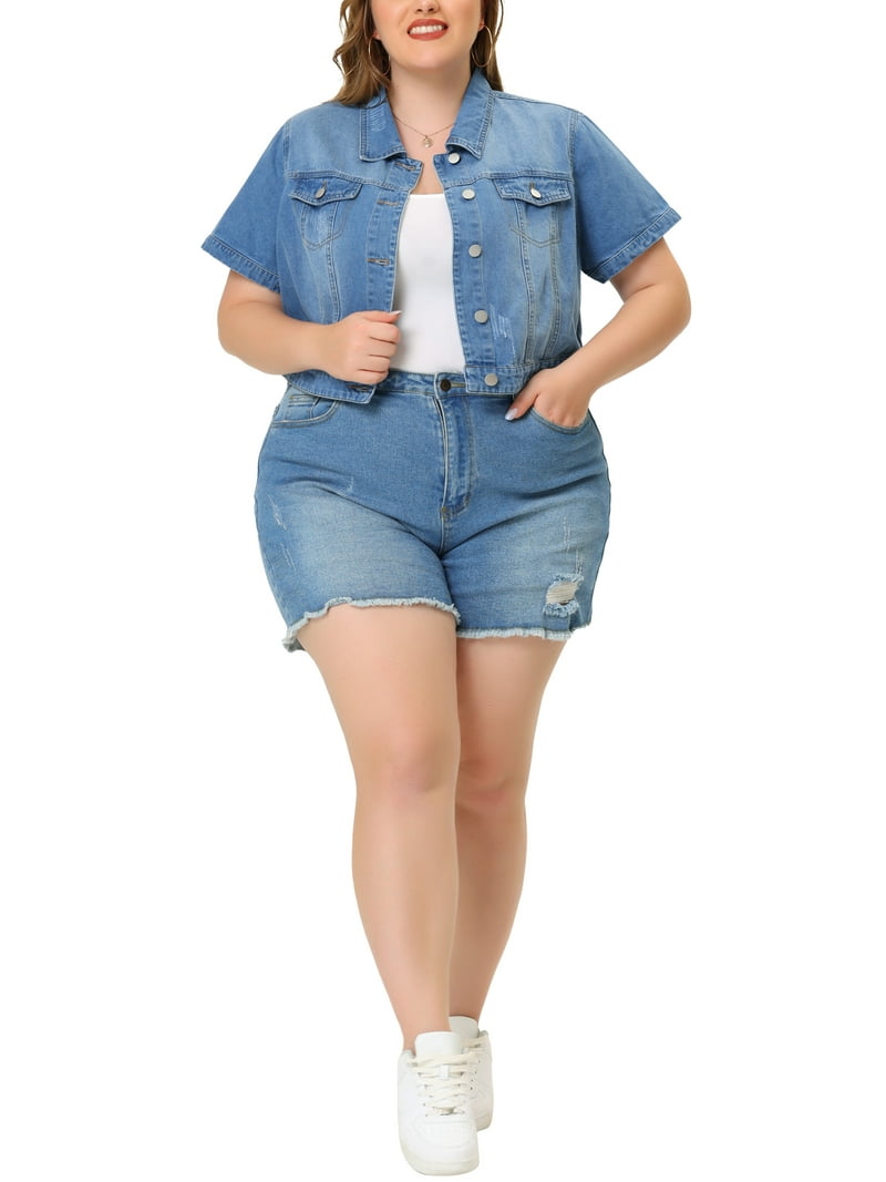 Agnes Orinda Women's Plus Size Denim Jacket Short Sleeves Button