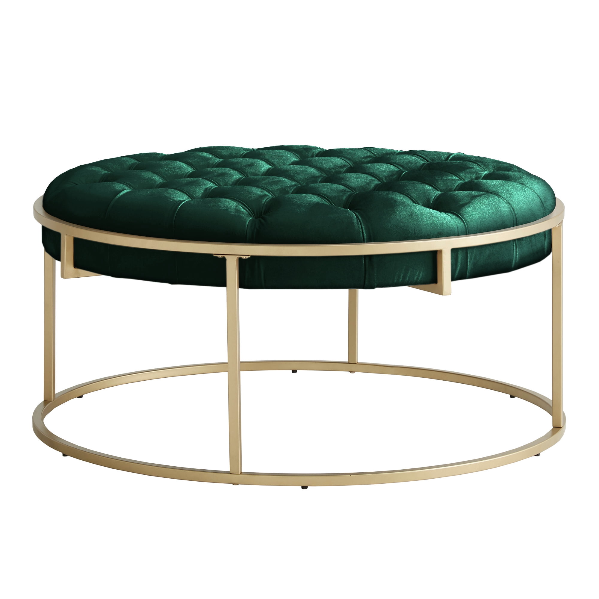 Weston Home Oddie Gold Finish Velvet Button Tufted Round Ottoman, Dark Green