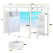 Twin Size Loft Bed with Stairs, 8 Storage Drawers, Power Outlet, LED Light, Metal Loft Bed with Wardrobe,Storage Stairs, Large Under-Bed Space, 13 Safety Guardrail,White