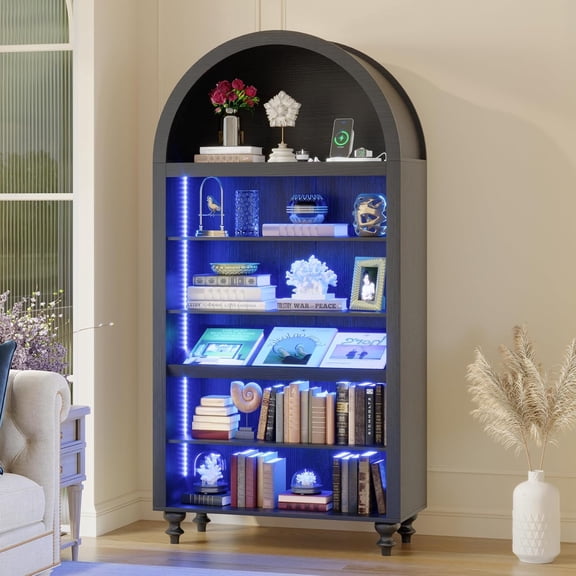 71" Tall Arched Bookshelf, 6-Tier Arch Bookcase with LED Lights, Wide Arch Book Shelf with Adjustable Shelves, Wood Storage Cabinet w/Open Display for Living Room, Office, Kitchen Pantry (Black)