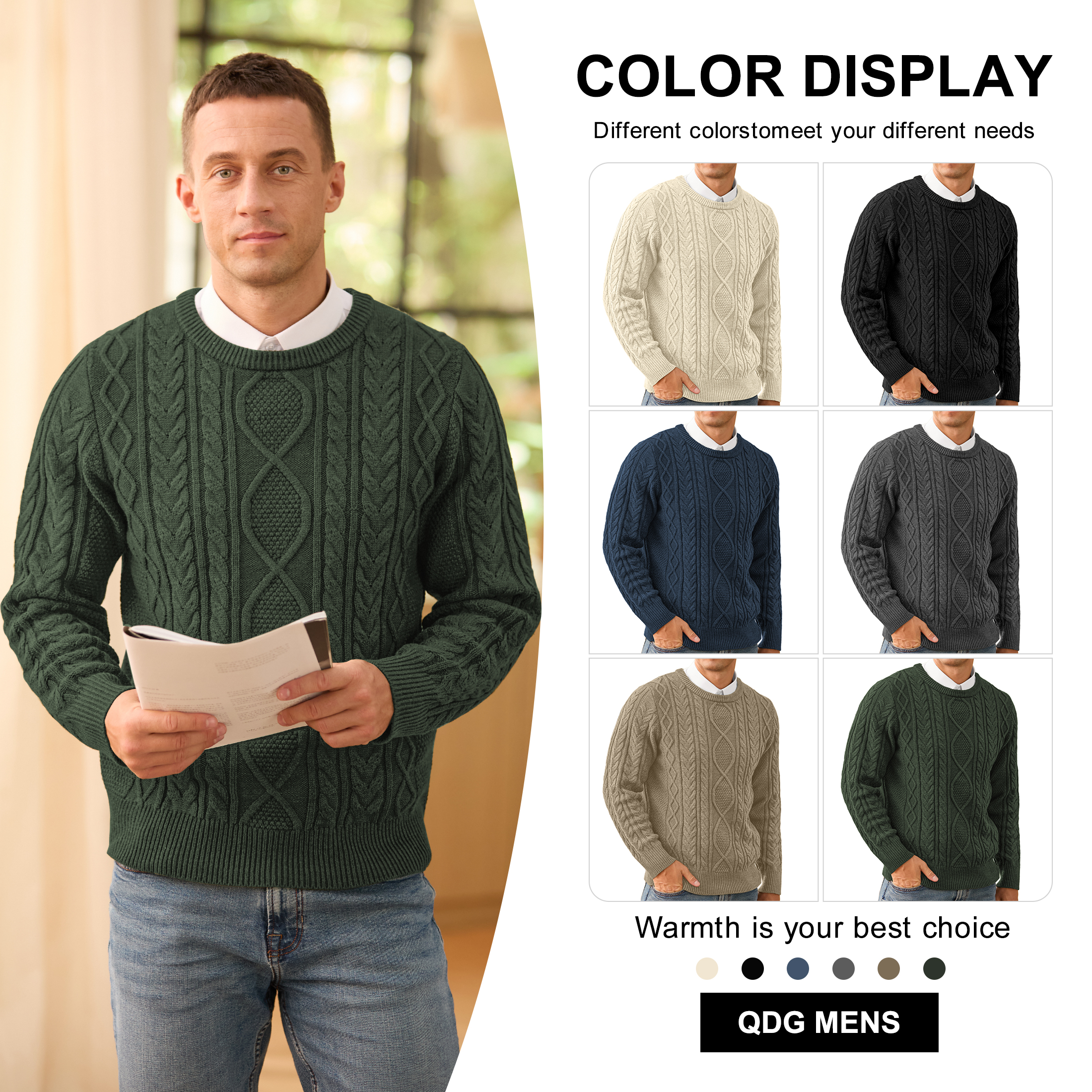 QDG Men's Cable Knit Pullover Sweater, Crewneck photo 8