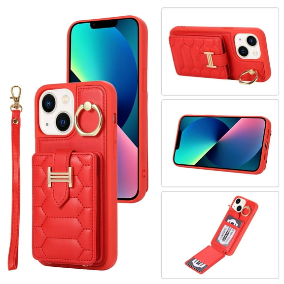 Decase Wallet Cover For iPhone 13 Pro,Premium Leather Shockproof Phone Shell With Back Flip Card Slots & Ring Kickstand & Hand Strap & Crossbody Strap - red