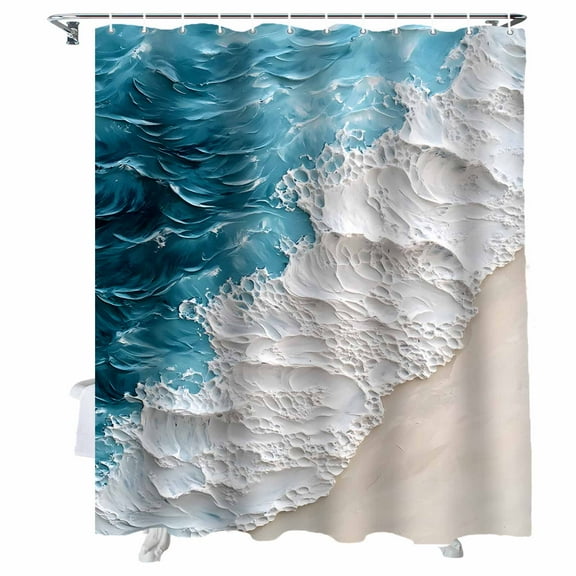 Shower Curtains Blue White Ocean Wave Bath Curtain Beach Oil Painting Waterproof Bathroom Shower Curtain Set with Hooks Decoration 36 x 72 Inches