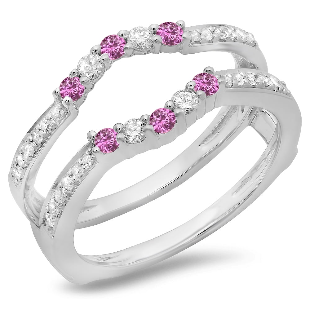 White Gold Dazzlingrock Collection 14K Round Pink Sapphire & White Diamond Anniversary Wedding Ring Matching Band 