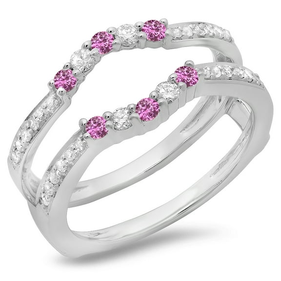 Dazzlingrock Collection 14K Pink Sapphire & White Diamond Wedding Band 5 Stone Enhancer Guard Double Ring, White Gold, Size 9.5