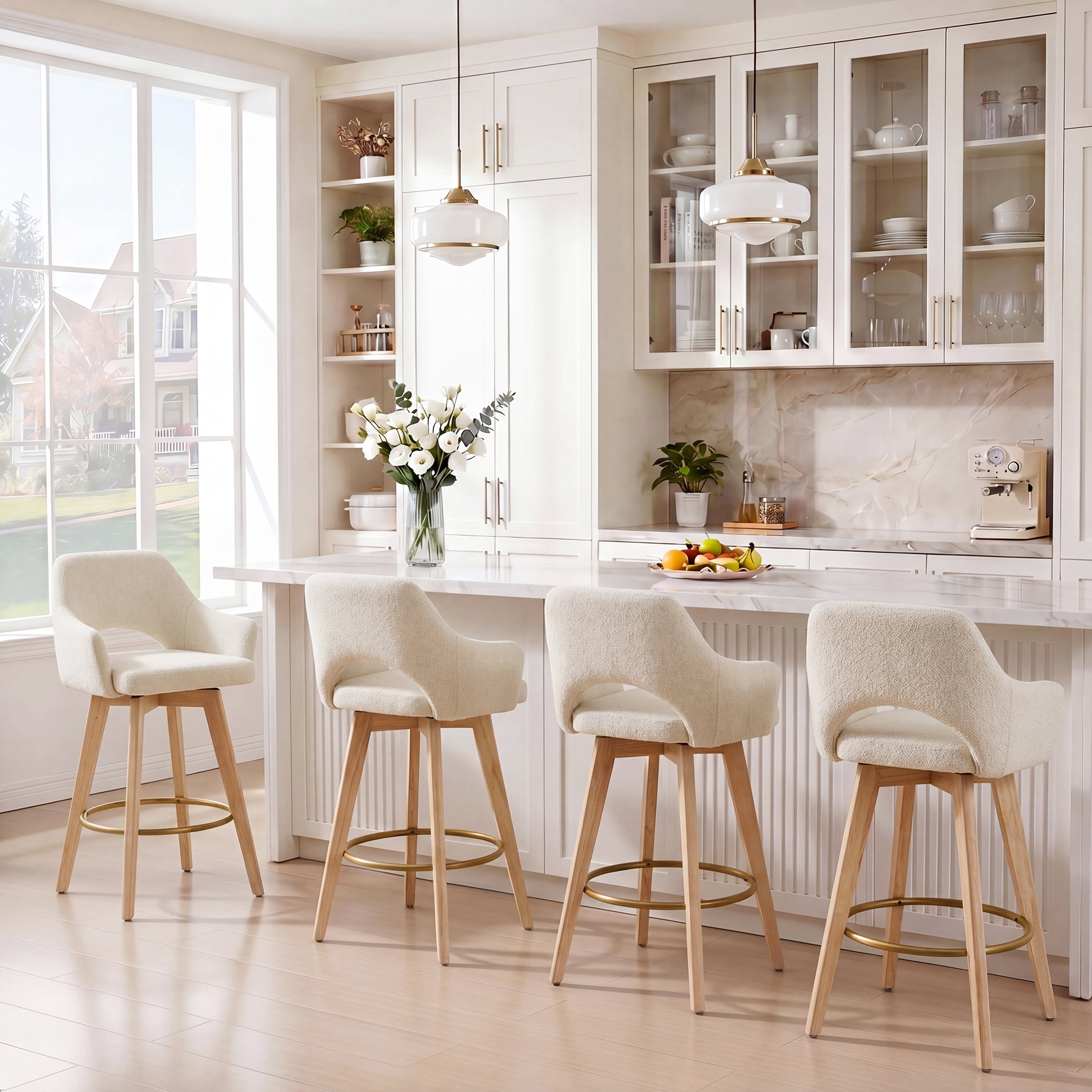 Zesthouse 26.8″ Swivel Counter Height Bar Stools Set of 2, Upholstered Linen Bar Stools with Back and Wood Legs, Mid Century Modern Barstool Island Chairs for Kitchen Counter, Beige