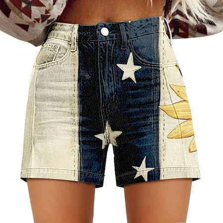 Outfmvch American Flag Shorts shorts for Woman swim Trunks athletic Shorts gym Shorts independence Day High Waisted Twill Shorts with Loose Fit Artistic Retro Print and Pocket Shorts Beige S