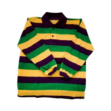 Girls Striped Polo - Child Medium Mardi Gras Stripe Purple Green Yellow LS Polo Shirt