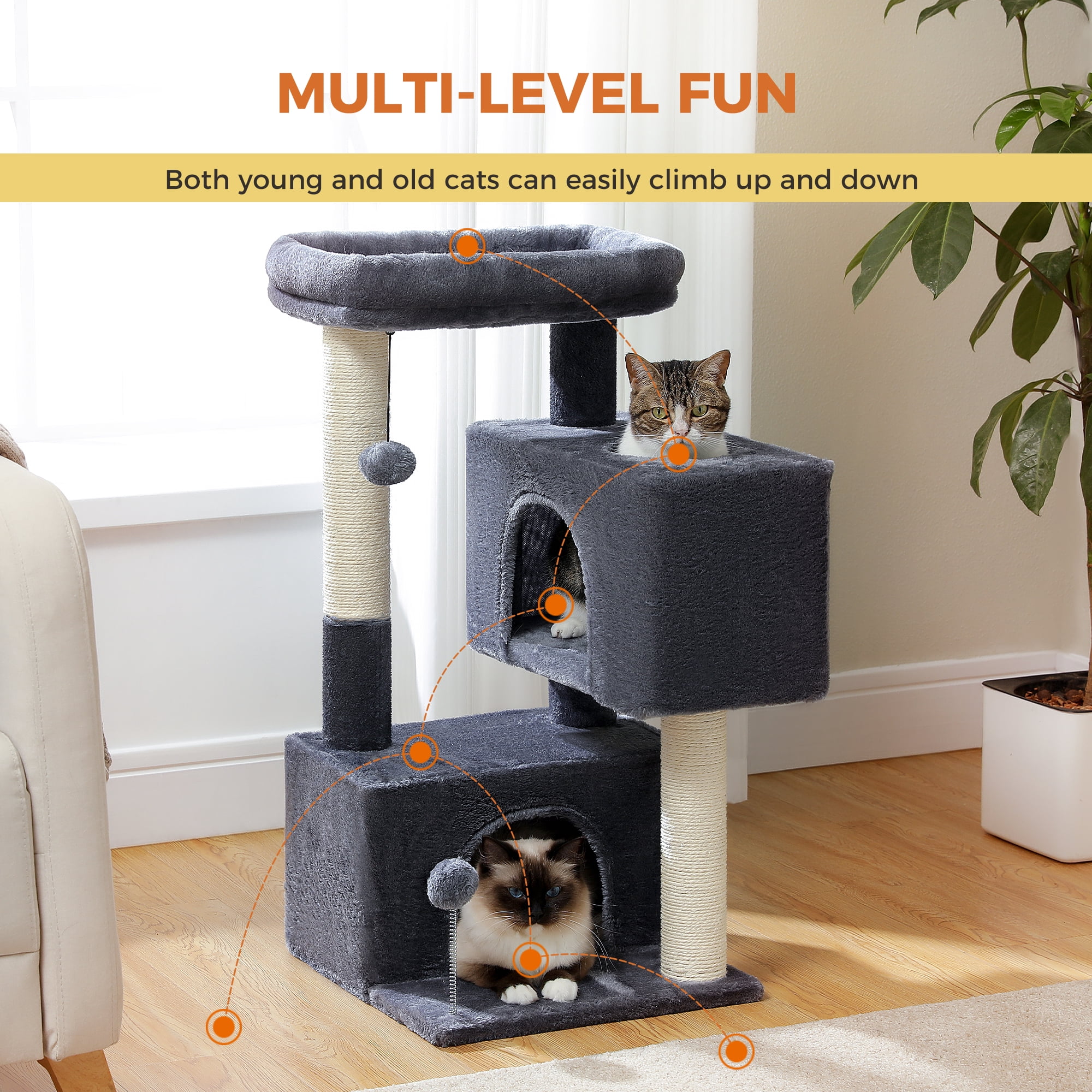PEQULTI 31.5" Modern Cat Tree Tower with Dual Large Condos for Kitten ＆ Medium Size Cat Dark Gray