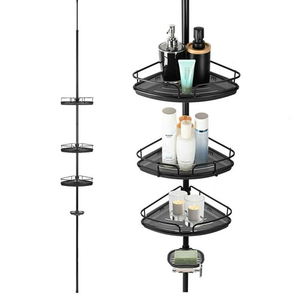 Adjustable Bathroom Shower Caddy Shelf, Suitable Height 96.85" to 104.72" and 63.78" to 68.11" inch Tension Corner Pole Rod Rack with 4 Baskets for Shampoo Soap