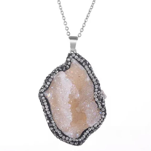HOOUN Classic Natural Gemstone Irregular Raw Drusy Stone Pendant Chain Necklace-002