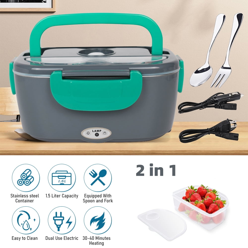 DFITO 40W Electric Heating Lunch Box, 2 In 1 Portable Food Heater for Home and Car, 1.5L Removable Stainless Steel Container, 110V/12V, with Fork Spoon, Green