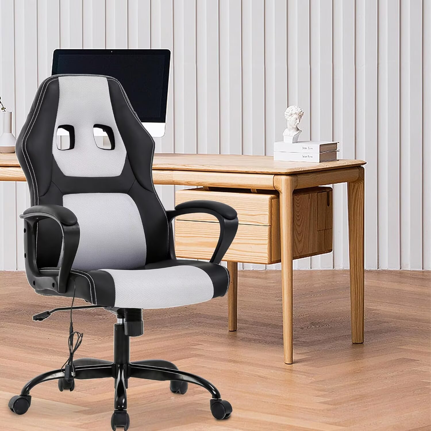 YRLLENSDAN Adjustable Gaming Chair Ergonomic Leather with Massager, Rolling Home Office Desk Chairs With Armrest and Lumber Support, Comfortable Computer Chair with Wheels for Adults, White