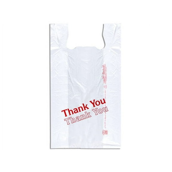 Pack Of 1000, Large Red Thank You Economy White Plastic T Sacks 12 X 7 X 22" Recycled .55 Mil Made In USA