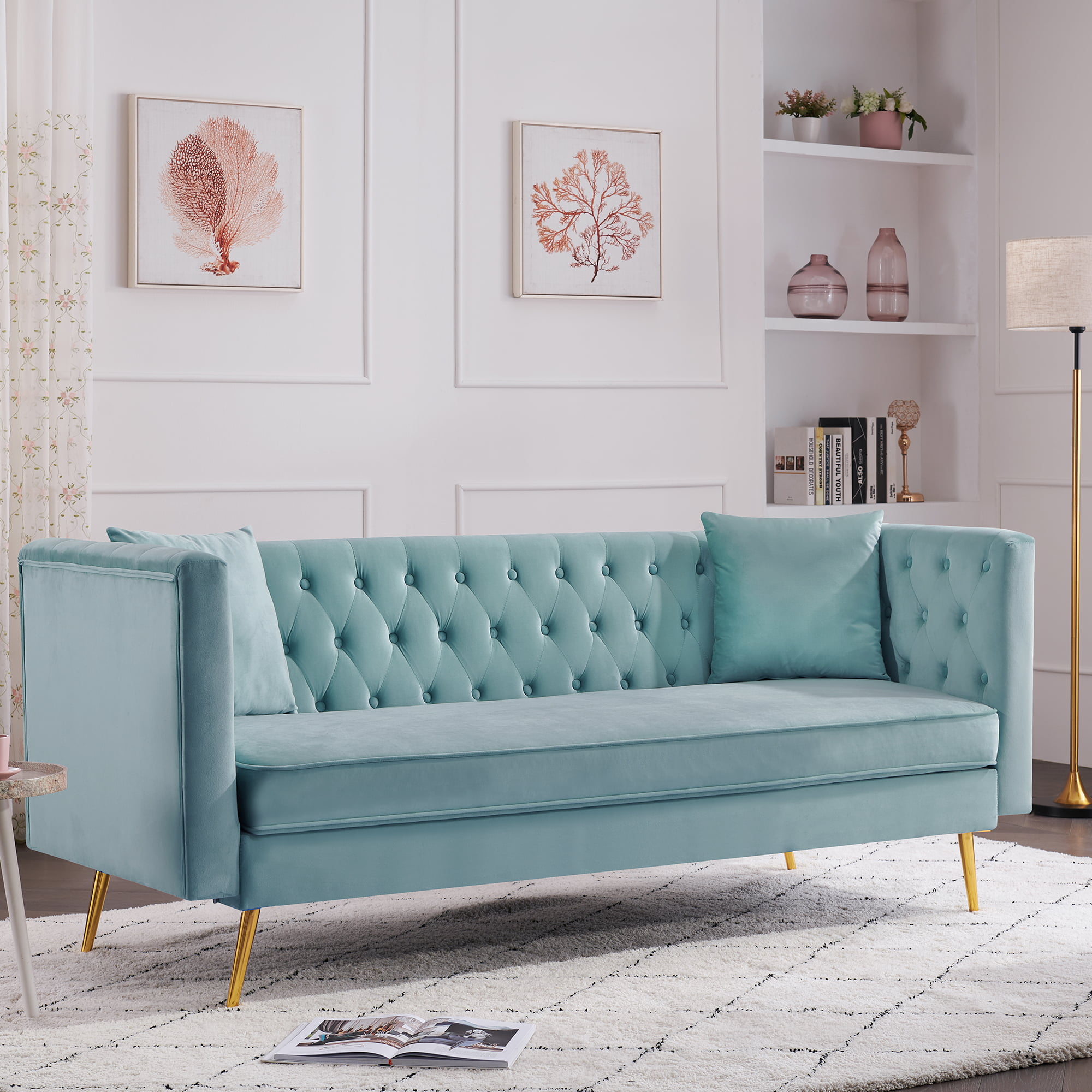 Ouyessir Velvet Upholstered Tufted Sofa with Two Pillows, Couch for Small  Space, Metal Legs, Velvet Sleeper Sofa，Teal couch / futon