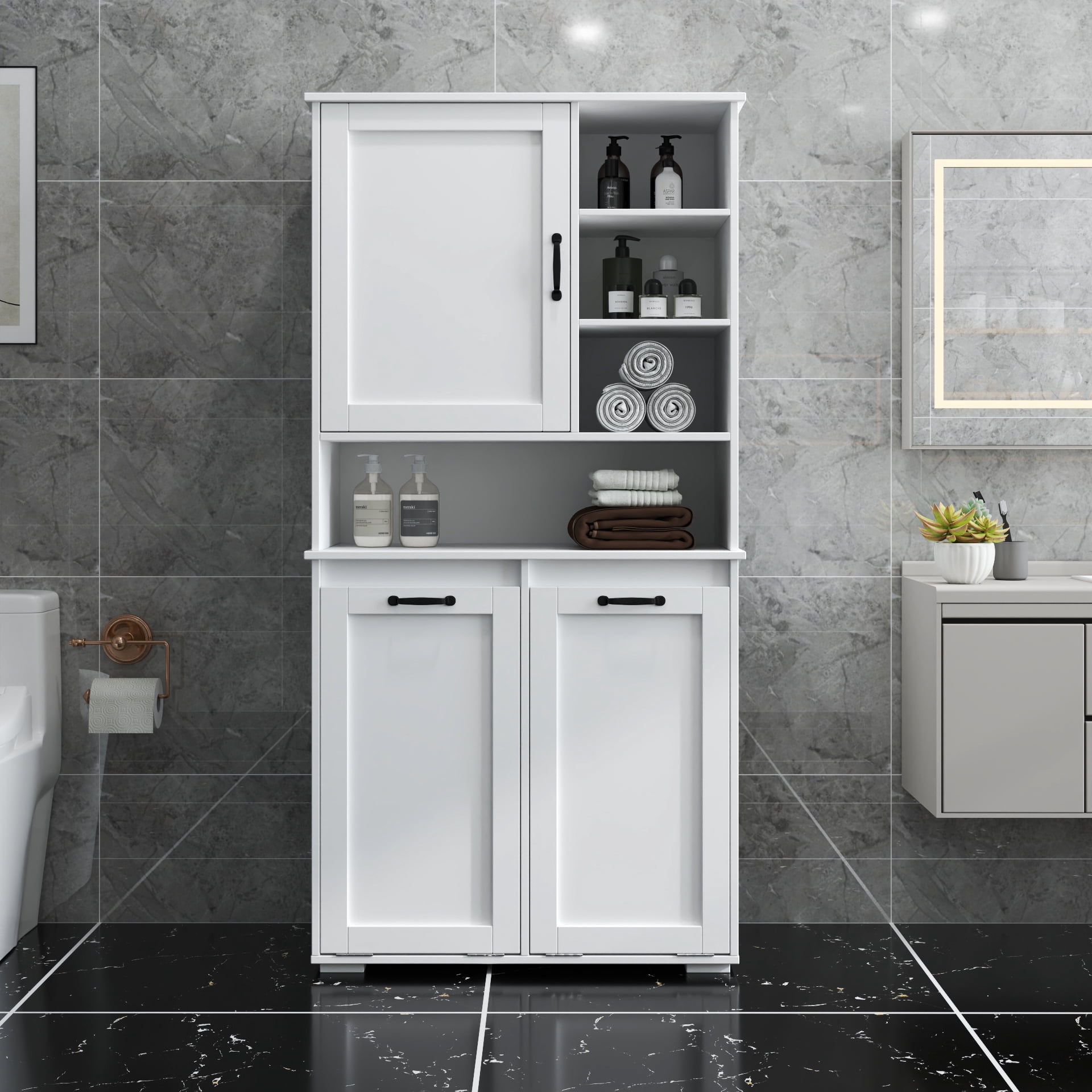 Mintazer 63" H Bathroom Storage Cabinet with 2 Tilt Out Laundry Hampers, Freestanding Laundry Cabinet with Adjustable Shelves, White