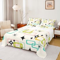 Manfei Cartoon Stars Print Twin Sheet Sets, Chic Square Abstract Twin Fitted Sheet, Retro Rectangle Flat Sheet, Microfiber Bedroom Decor, 3pcs