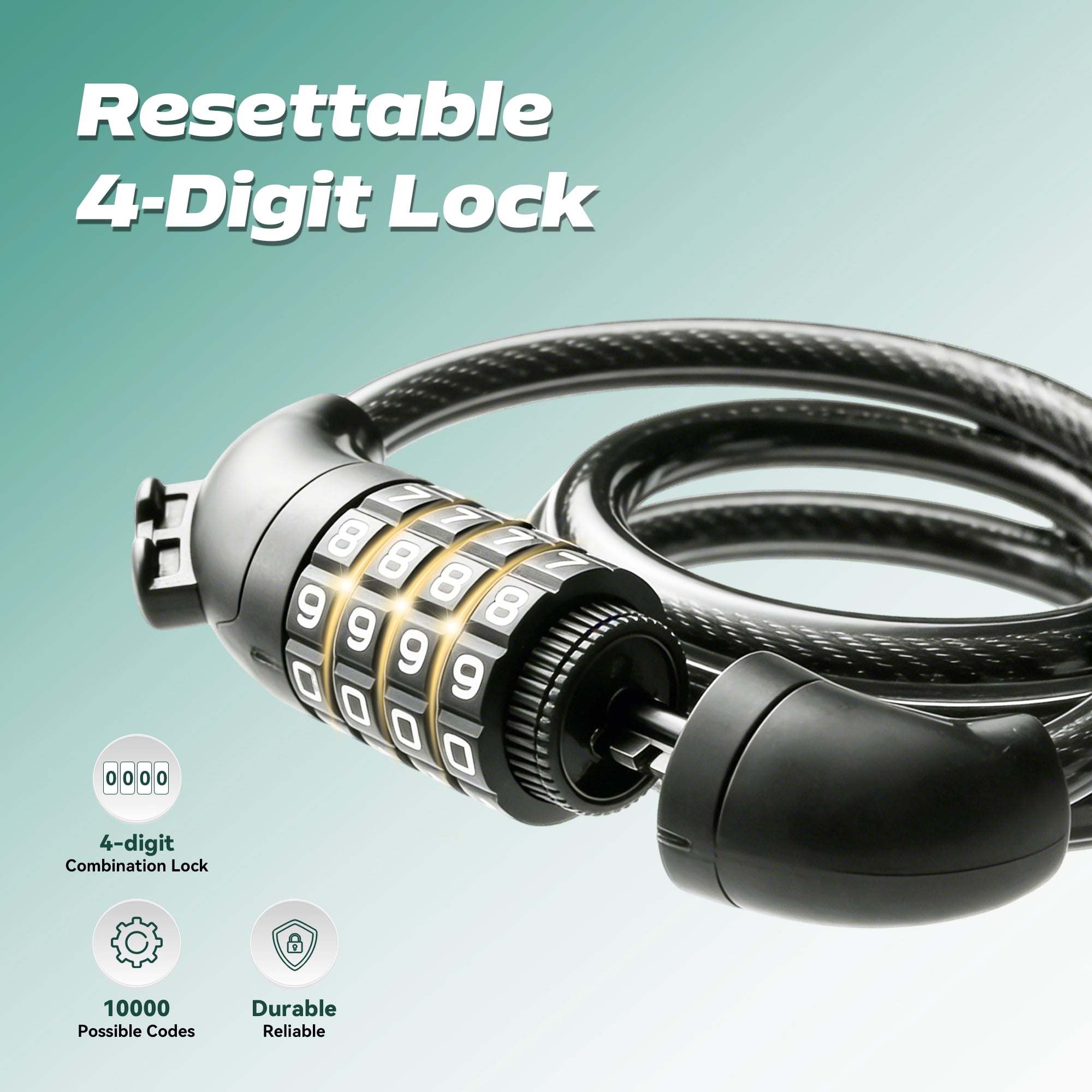 Gpower Bike Lock with Combination 4 ft Bicycle Lock Secure 4 Digit Resettable Cable Lock,Black