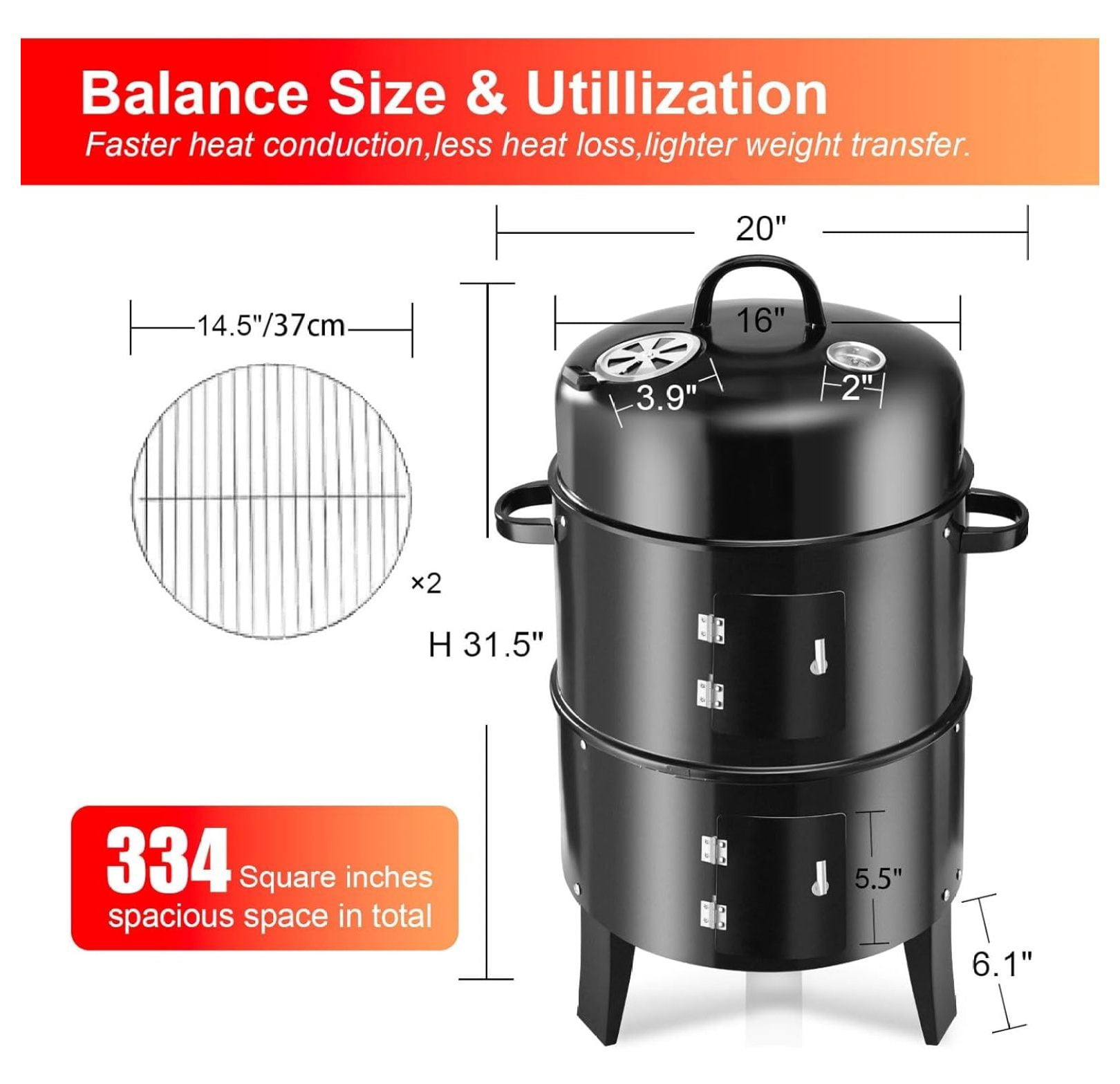 Vertical 19Inch Round Charcoal Smoker Grill,Heavy-Duty BBQ Smoker for Outdoor Multi-Layer Pellet Ideal for Meats-Offset Charcoal Grill with Thermometer,Black