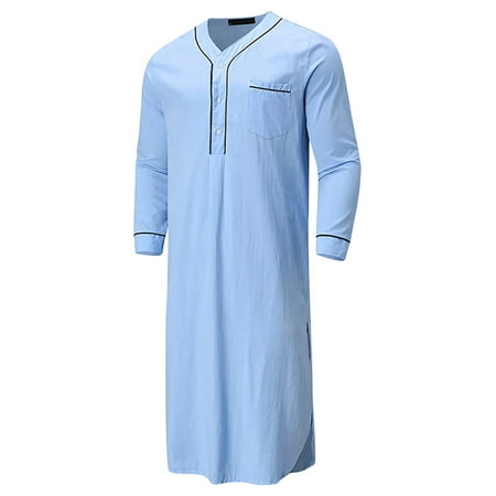 

Liacowi Men Nightshirt Cotton Sleep Shirt Long Sleeves Henley Nightgown Loose Saudi Arab Kaftan Dubai Robe with Pockets Sleepwear