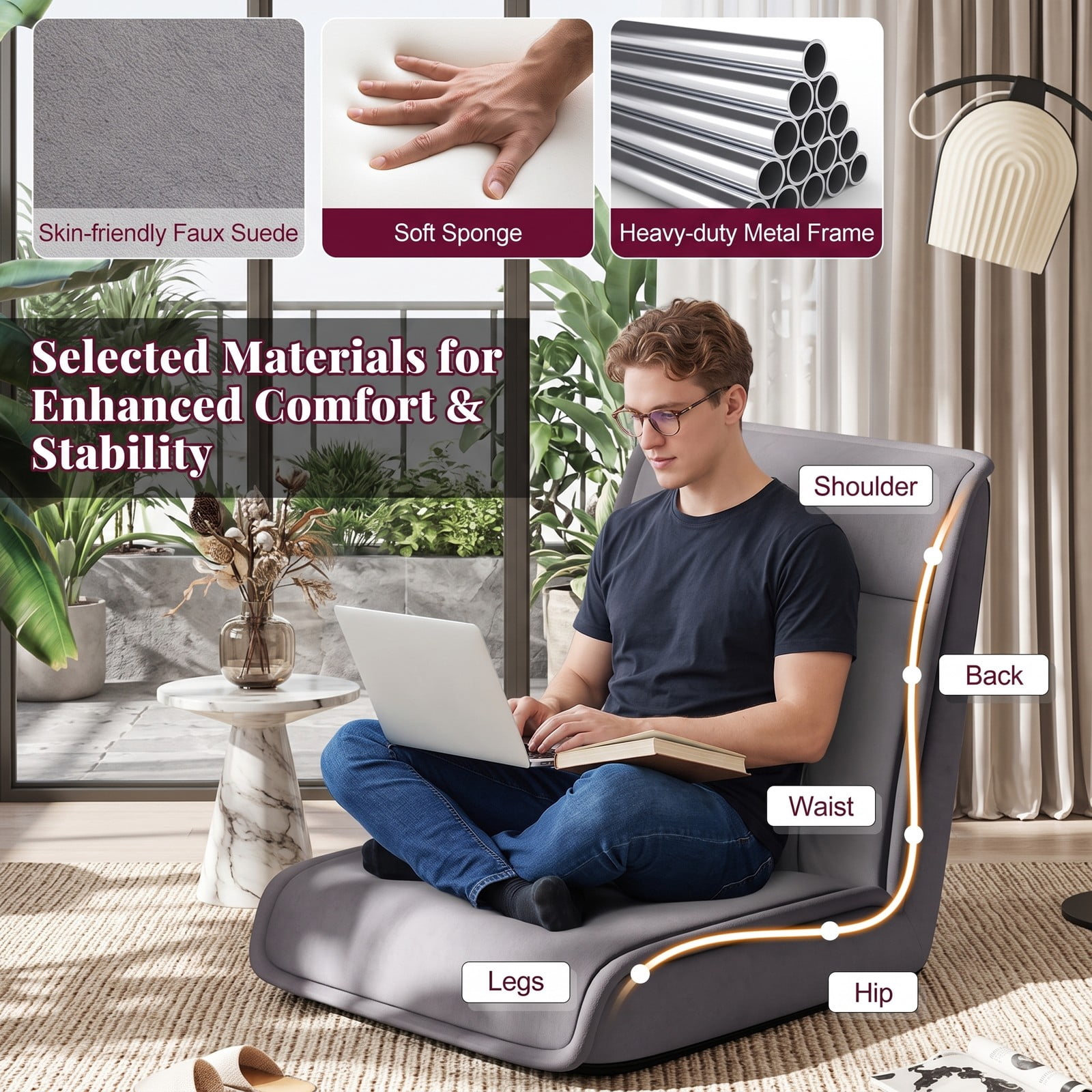 Furnibear Folding Floor Chair, Convertible Lazy Sofa Chaise Lounge with 14-Position Adjustable Backrest & 5-Level Headrest, Padded Metal Frame Sleeper Recliner, Gray