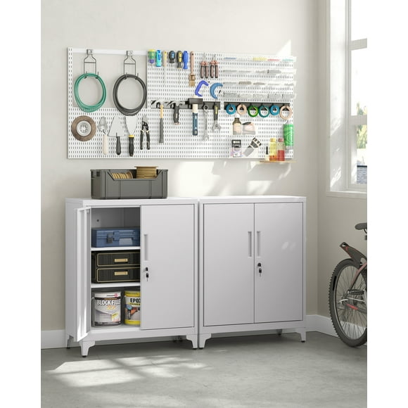 SONGMICS Garage Cabinet, Metal Storage Cabinet with Doors and Shelves, Office Cabinet for Home Office, Lockable File Cabinet, Multipurpose, for Study, Living Room, Matte Gray