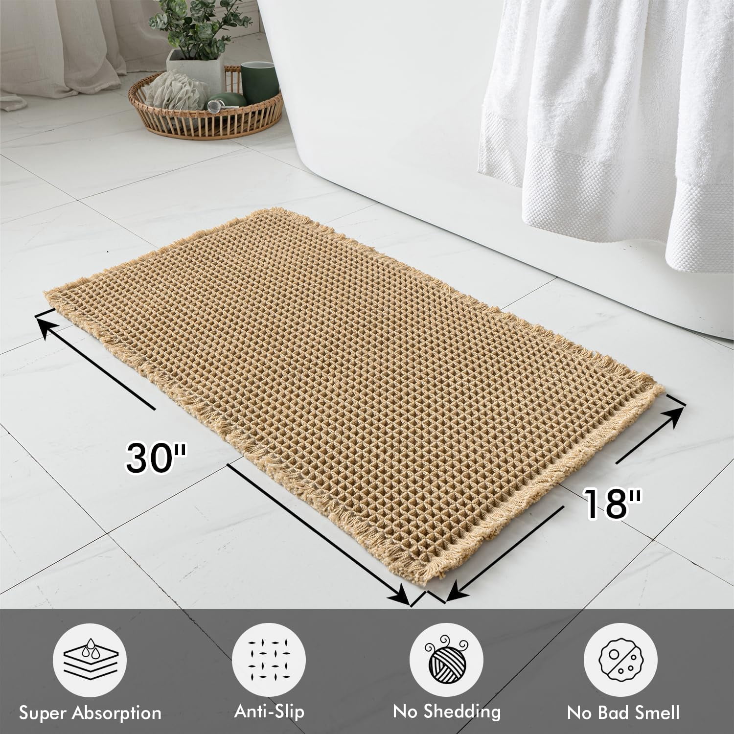 Set of 2 Waffle Bathroom Rugs, Boho Bath Rugs Non Slip Washable, Super Absorbent Bath Mats, Ultra Soft Rubber Backed Shower Mats for Bathroom Floor, Tub and Shower, Brown, 18x30 Inch