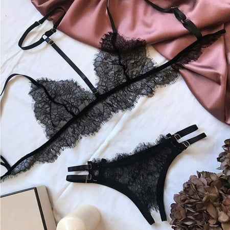 

Bessbest New Year Women Vneck Floral Lace Halter Bra Open Crotch Thong Black Lingerie Set S2Xl