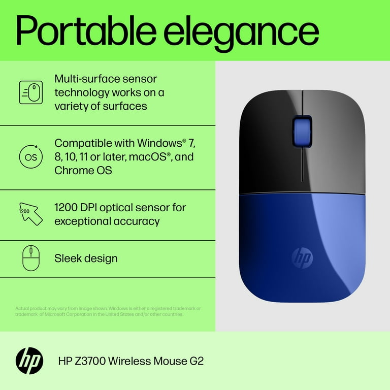 HP Z3700 G2 Wireless Mouse - Dragonfly Blue, Sleek portable design fits  comfortably anywhere, 2.4GHz wireless receiver, Blue optical sensor,for  Wins PC, Laptop, Notebook, Mac, Chromebook (681S0AA#ABL)