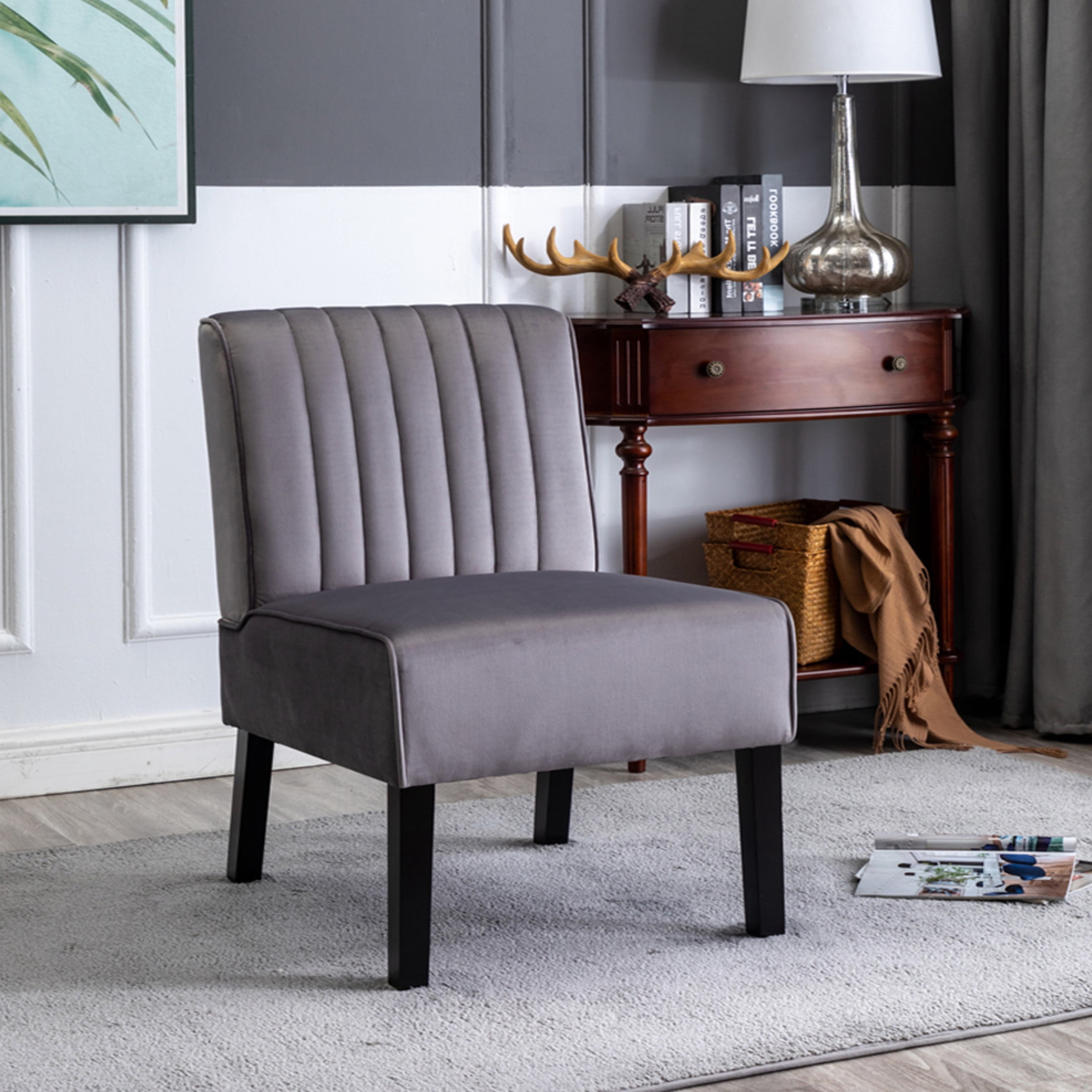 GDF Studio 29.5" Mid-Century Modern Accent Chairs Set of 2 with Channel Tufted Velvet Upholstery, Gray