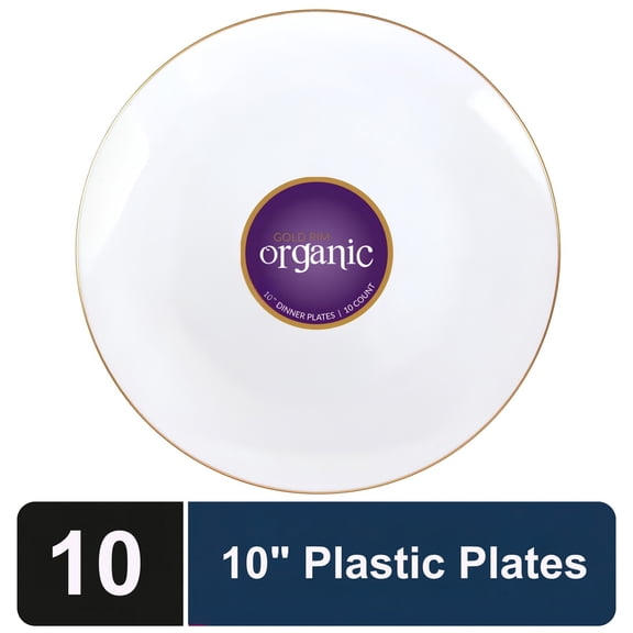 Impresserve Organic Collection Disposable Plastic Plates, 10", White with Gold Rim, 10 Count