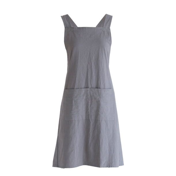 Inteprter Delantal Mujer Bolsillos dobles Ropa cómoda Estilo retro Correas de hombro ensanchadas No se caerá Cocina y Comedor gris